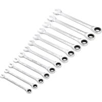 Draper Hi-Torq 12 Piece Ratchet Combination Spanner Set, silver wrenches with open and ratchet ends, arranged in size order.