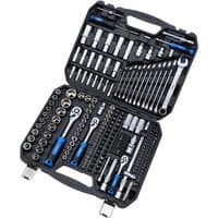 Black Draper HI TORQ 219 piece socket and bit set with blue accents in a hard plastic case.