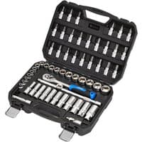 Draper HI TORQ 58 Piece 3/8" drive socket and bit set in a black case with silver sockets and blue-handled ratchet.