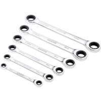 Draper Hi Torq 6 Piece Double Ratchet Ring Spanner Set, silver, varying sizes, with dual ratcheting ends.