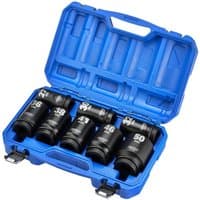 Black Draper Hi-Torq® metric deep impact socket set in blue plastic case, featuring eight sockets with size markings.