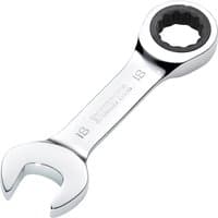 Silver Draper Hi-Torq stubby ratchet combination spanner, 18mm, with open-end and ratcheting box-end.