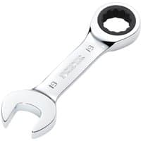 Silver Draper Hi-Torq stubby ratchet spanner, 19mm, with open-end and ring ratchet on opposite ends.