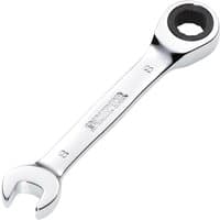 "Draper Hi-Torq stubby ratchet spanner, silver chrome finish, open-end and ratchet ring on opposite ends"