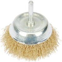 Draper Hollow Cup Wire Brush, 75mm, with twisted brass bristles and a silver metal base with a central shank.
