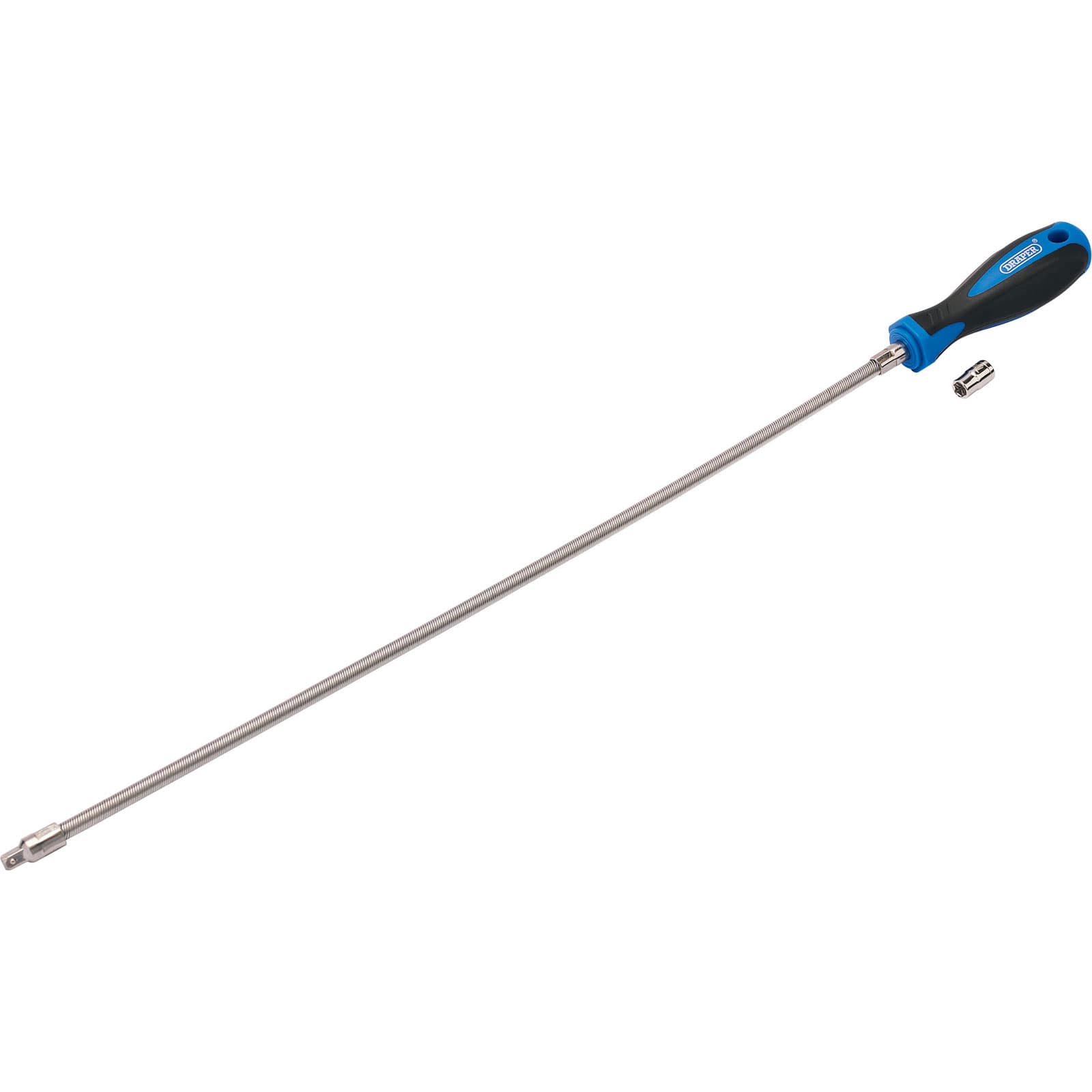 Draper 84149 Hose Clip Driver features a long, silver metal shaft with a black and blue rubber grip, designed for 7mm hose clips.