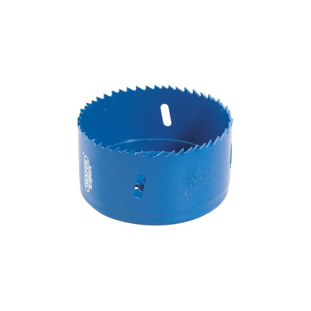 Draper Expert 34761 52mm HSS bi-metal holesaw blade in bright blue, featuring sharp teeth for cutting, with two side slots for easy attachment to a drill.