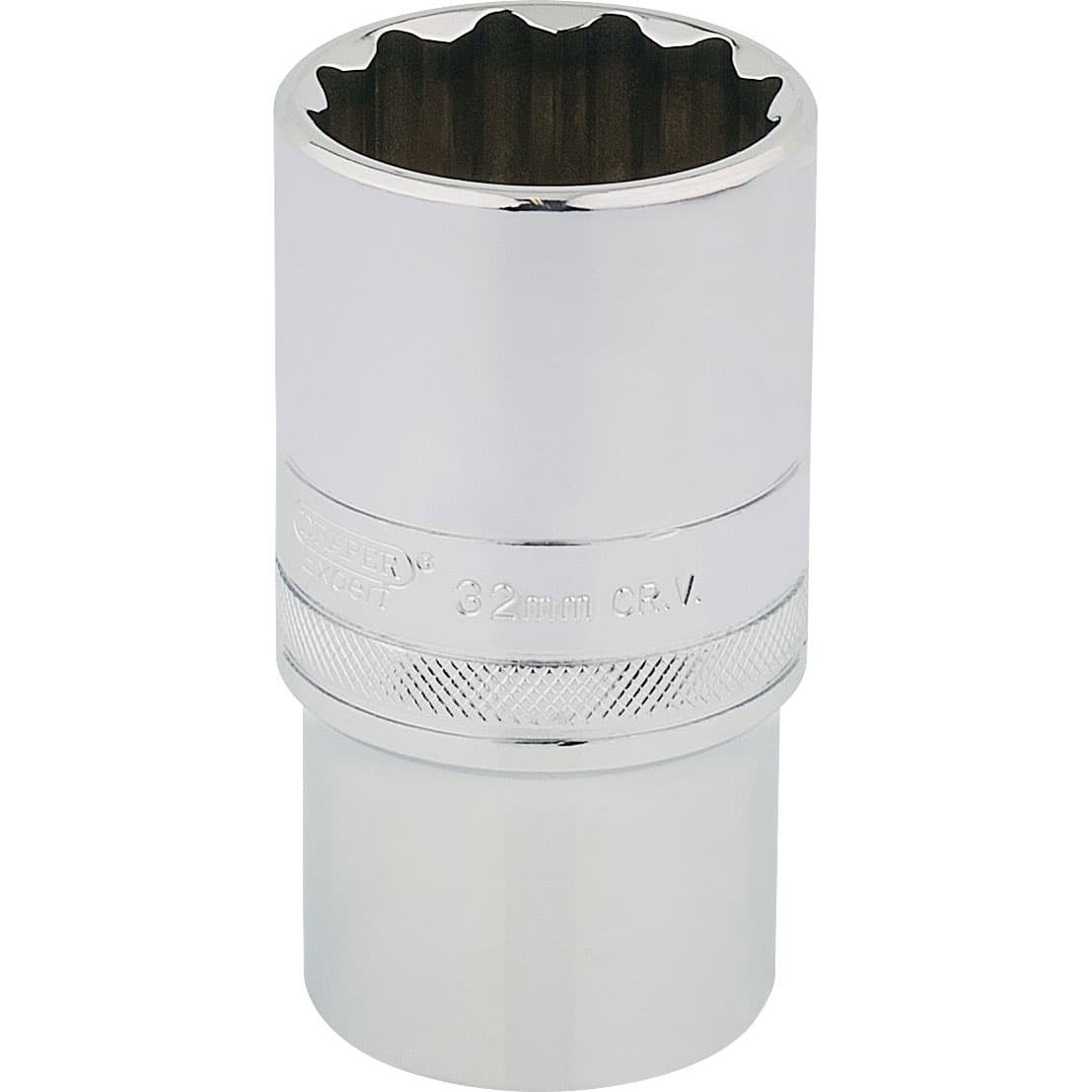 Shiny chrome-finished 32mm deep socket with a 12-point design and a 1/2" square drive, featuring engraved markings for size and brand.