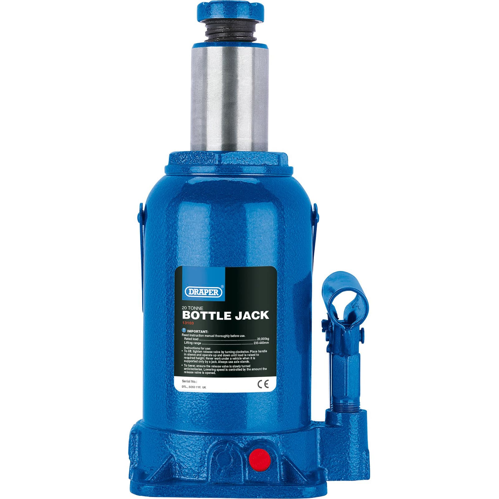 Blue hydraulic bottle jack with a shiny metal cylinder, labeled with "Draper 20 Tonne Bottle Jack," featuring a red release button and a handle attachment on the side.