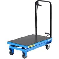 Blue Draper hydraulic lifting table with black platform, handle, and four wheels, 225Kg capacity.