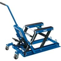 Blue Draper hydraulic motorcycle and ATV lift with black rubber pads and caster wheels, 680kg capacity.