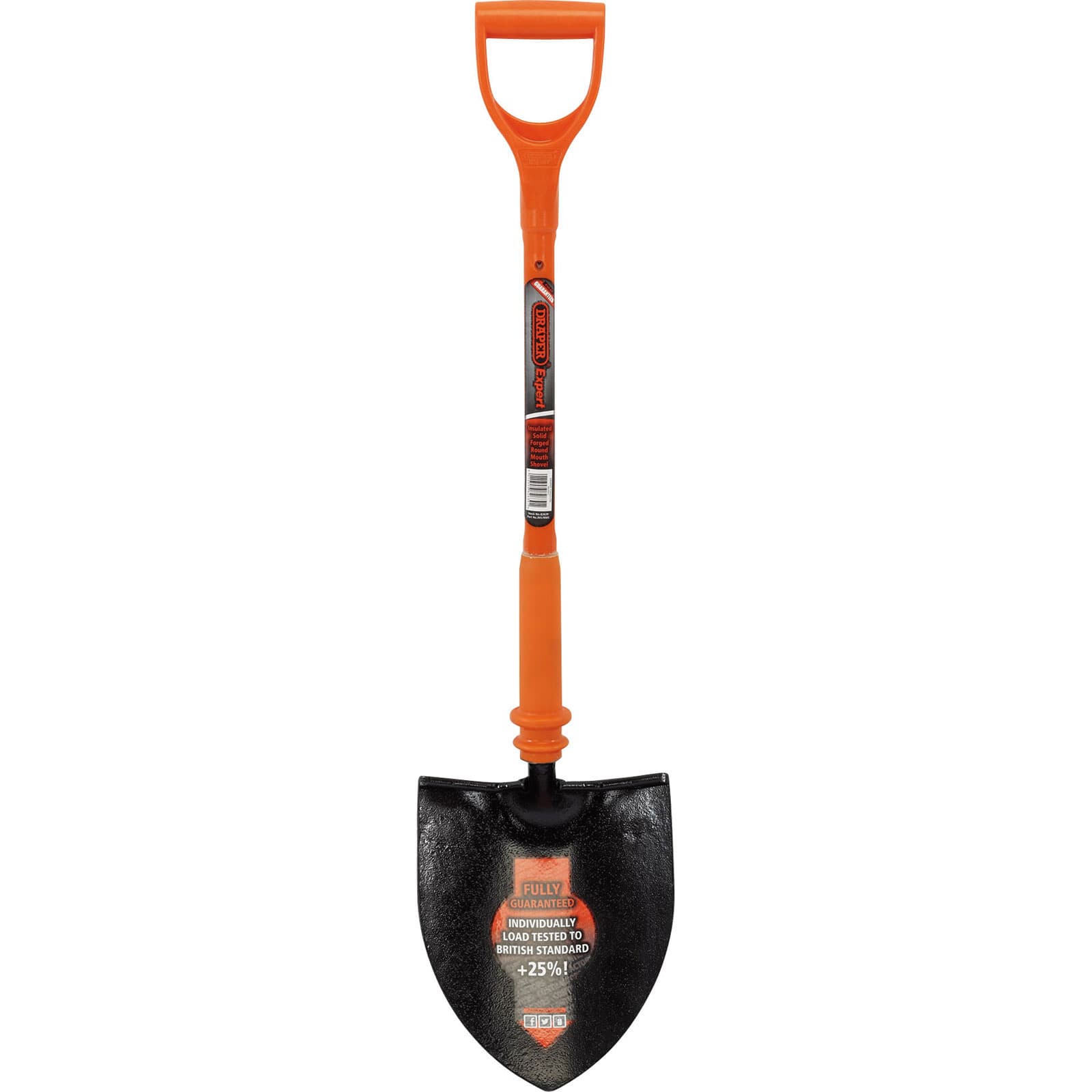 Fully insulated round mouth shovel with a black metal blade and an orange, ergonomic handle, designed for safety and durability in various digging tasks.