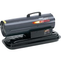 Black Draper Jet Force space heater with handle, cylindrical design, and red logo, 45,000 BTU/13 kW capacity.
