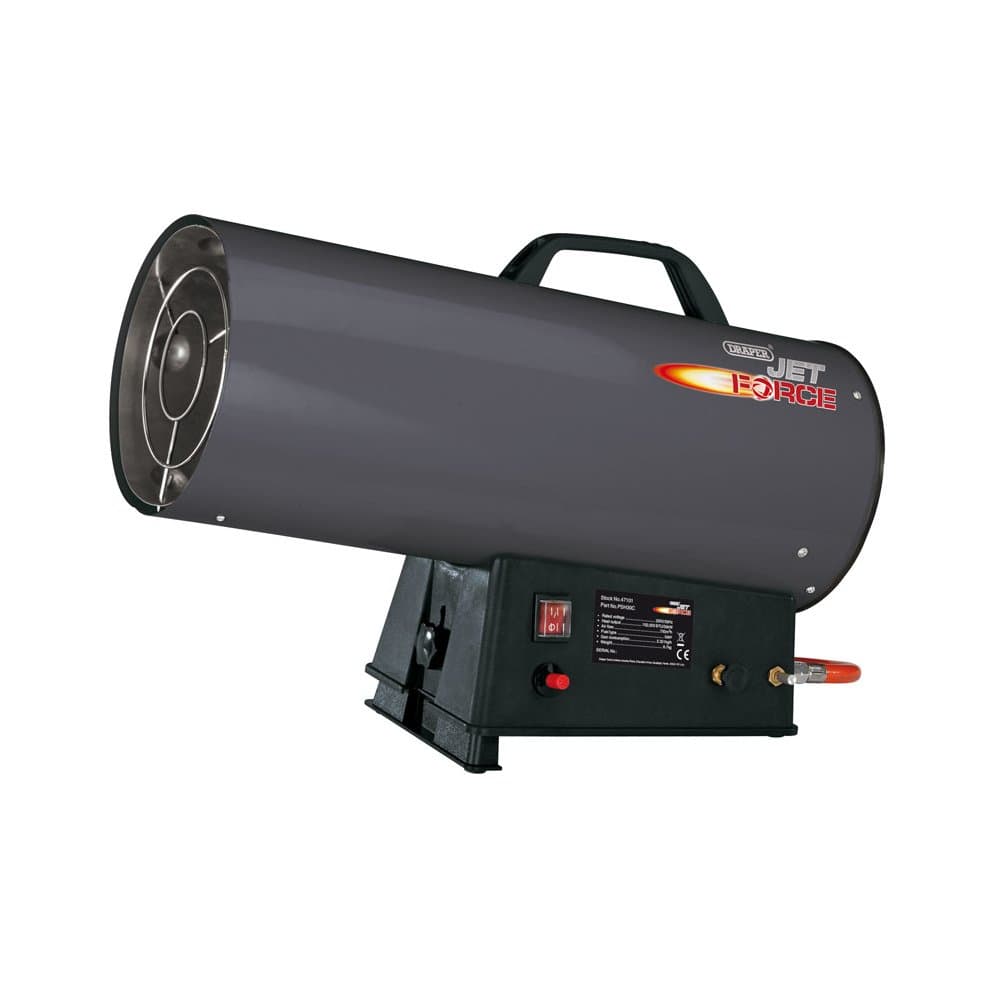 Gray metal propane space heater with a cylindrical design, featuring a handle, control panel with knobs, and a bright orange "Jet Force" logo.