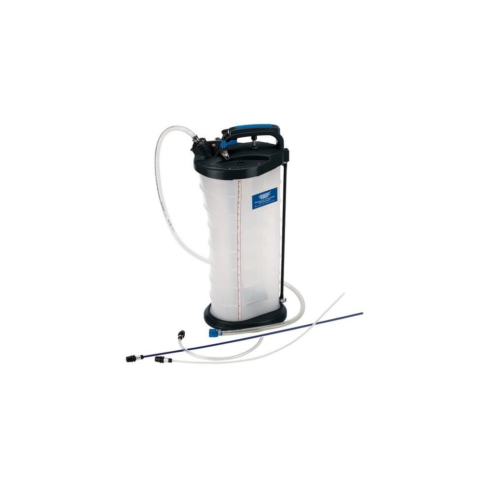 Transparent plastic oil extractor with a blue handle, featuring a clear measurement scale, a flexible hose, and additional tubing for manual or pneumatic use.