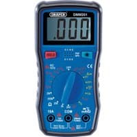 Blue Draper manual-ranging digital multimeter with LCD screen, rotary dial, and test lead ports.