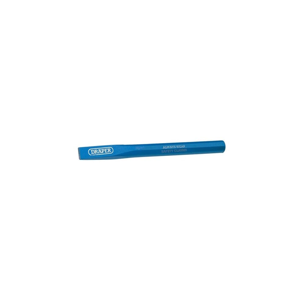 Blue octagonal shank cold chisel with a flat cutting edge, featuring the "Draper" logo and safety markings, designed for precision cutting in various materials.