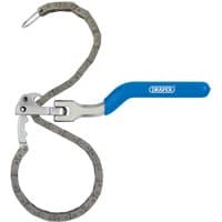 Draper Oil Filter Chain Wrench with blue handle and adjustable metal chain for gripping filters.