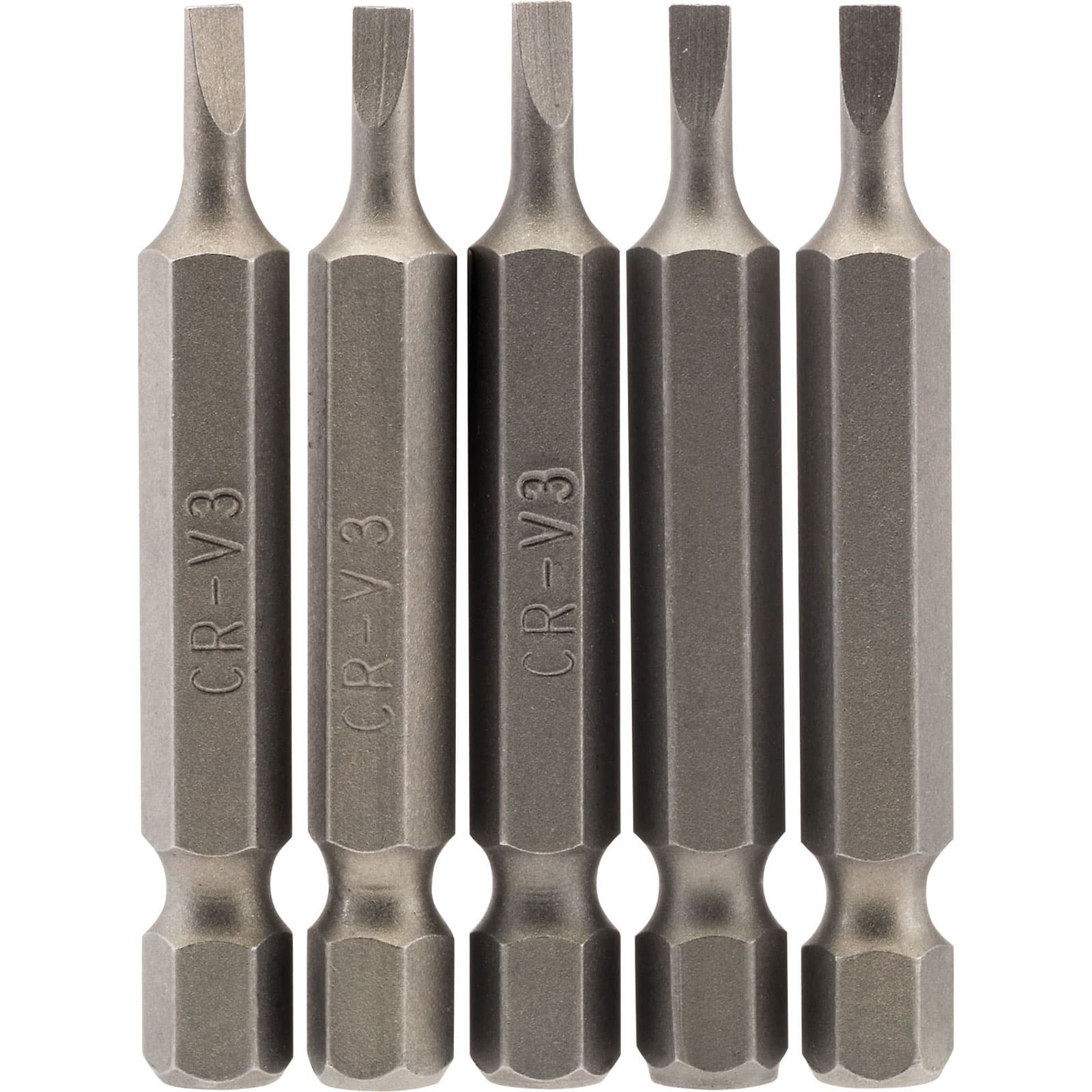 Five 50mm long 1/4" hex plain slot insert bits in a metallic grey finish, featuring a flat tip and engraved "CR-V3" for durability and precision.