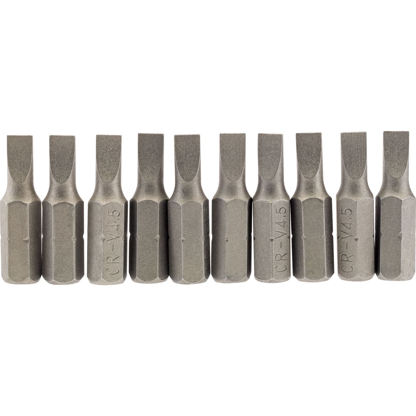 Set of ten 4.5mm 1/4" hex plain slot insert bits, 25mm long, made of steel with a silver finish, featuring a hexagonal shank for secure fitment in power tools.