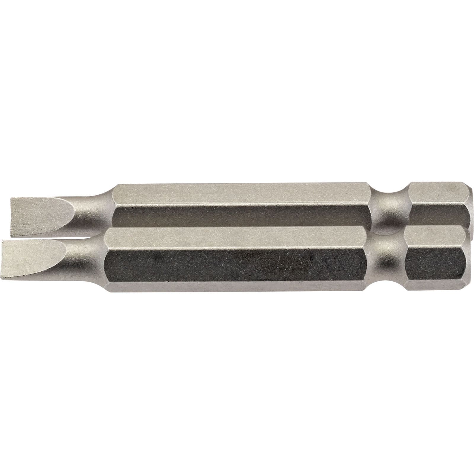 Silver 4.5mm 1/4" hex plain slot insert bit, 50mm long, featuring a dual-ended design with a flat tip and a textured grip for easy handling, made of durable metal.
