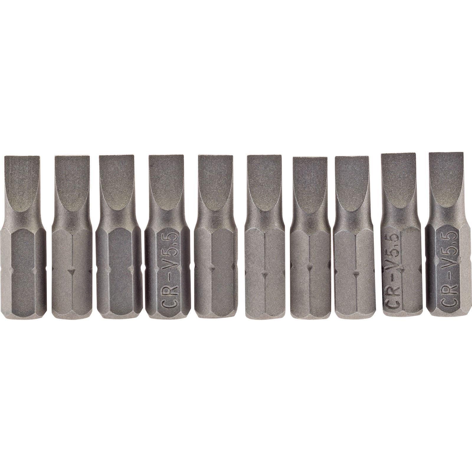 Ten 5.5mm 1/4" hex plain slot insert bits, 25mm long, in a metallic finish with engraved markings, arranged in a row, showcasing their flat tips and hexagonal bases.
