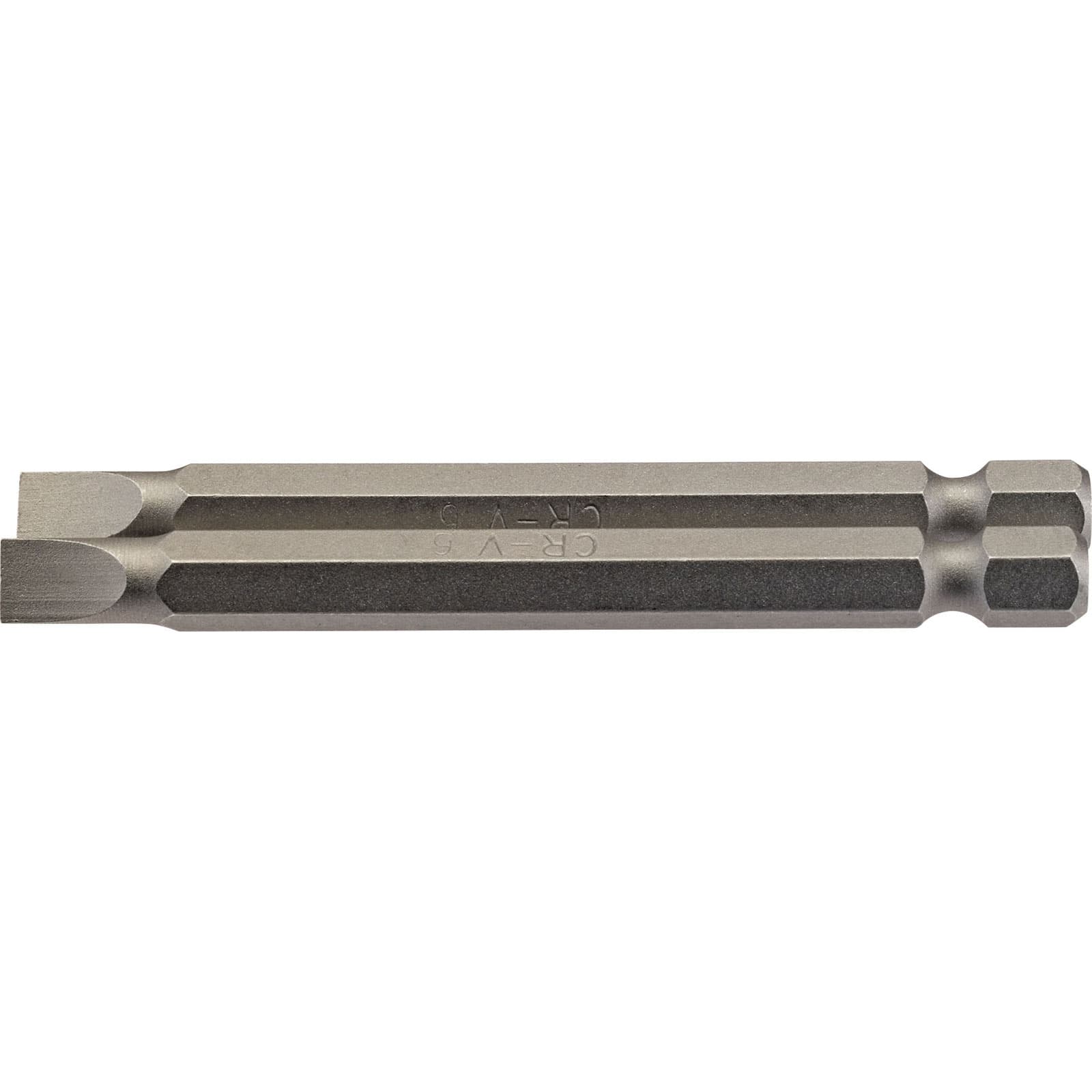 Silver 6mm hex plain slot insert bit, 75mm long, featuring a flat end and hexagonal shank for easy tool attachment, marked with "CR-V" for chrome vanadium steel material.