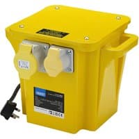 Yellow Draper portable site transformer with dual sockets, black plug, and side handles, converts 240v to 110v, 5kVA.