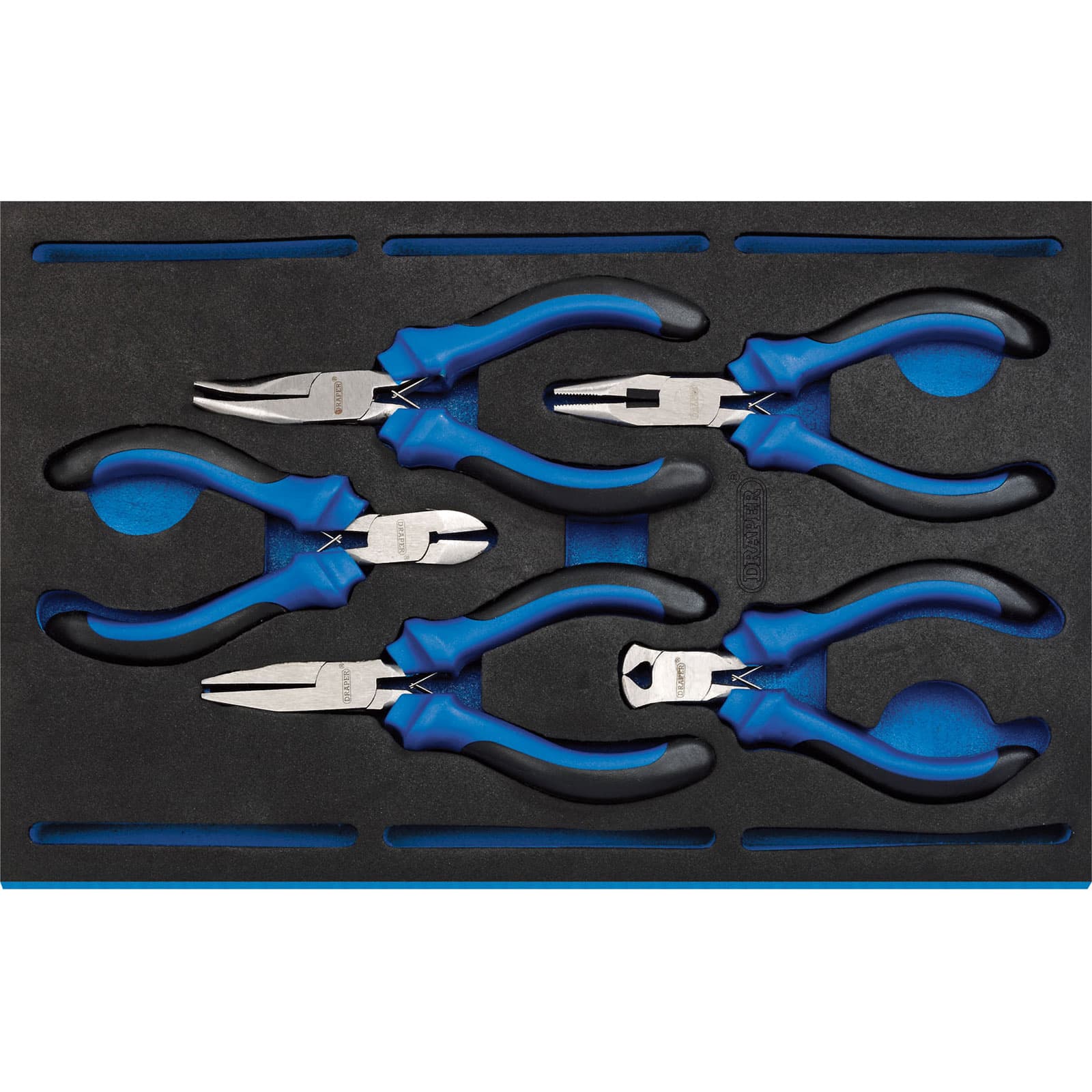 Draper 63215 Precision Plier Set featuring four pliers with blue rubber grips and stainless steel jaws, neatly arranged in a black EVA insert tray.