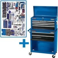 Draper PTK2B Workshop Tool Kit with blue rolling tool chest, multiple drawers, and assorted tools displayed above.