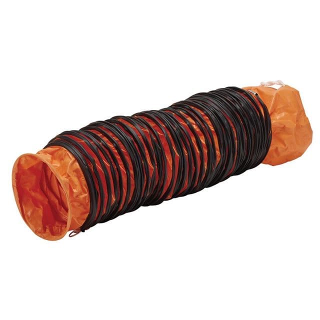 Flexible black PVC ventilation ducting hose, 8"/300mm diameter, coiled with an orange end, designed for efficient airflow in various applications.