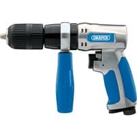Silver Draper reversible keyless air drill, 13mm, with blue handle grip and side handle for stability.