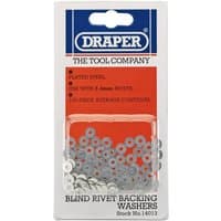 Clear plastic pack of Draper 2.4mm silver rivet backing washers, 100 pieces, with red and blue branding.