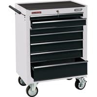 White Draper roller tool cabinet with seven black drawers, side handle, and four caster wheels.