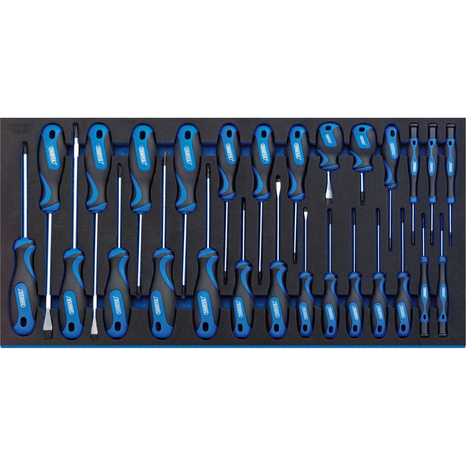 Draper 63406 Soft Grip Screwdriver Set featuring a full drawer EVA insert, includes various screwdrivers with blue and black soft grip handles and polished steel shafts.