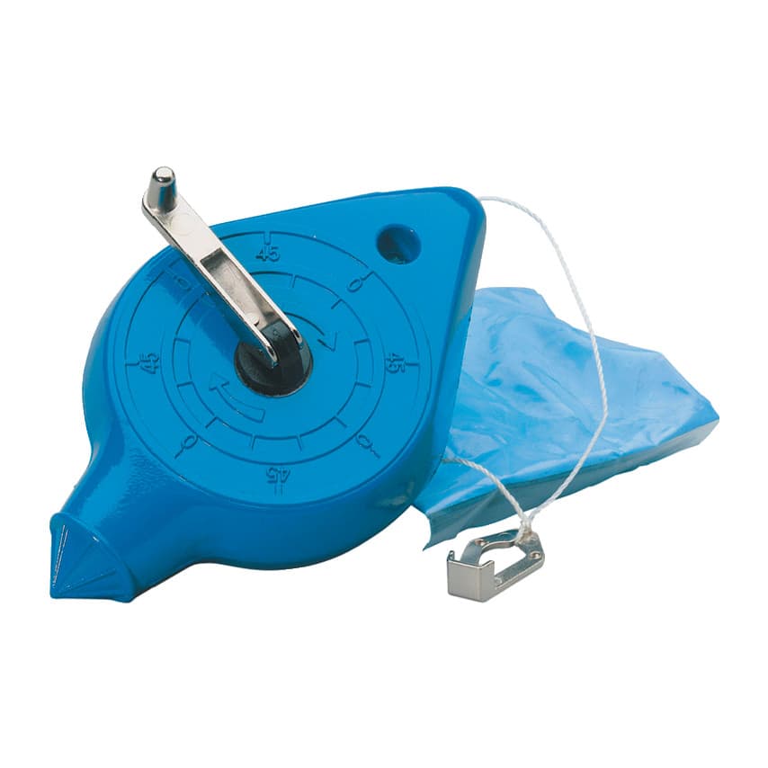 Blue plastic chalk line with a metal clip, featuring a circular dial for measuring, a pointed end for marking, and a chalk pouch in a light blue color.