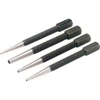 Draper set of four cupped nailsets with textured black handles and silver tapered tips.