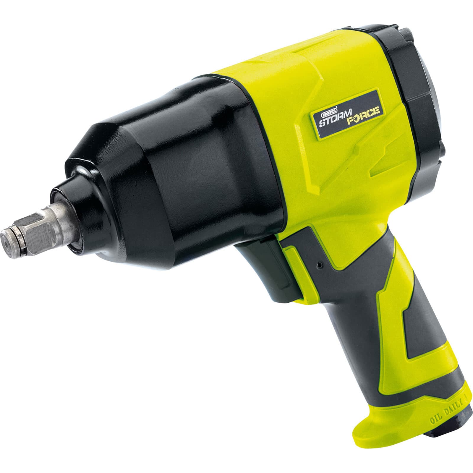 Draper 65017 Storm Force Air Impact Wrench features a black and bright green composite body with a 1/2" drive, ergonomic grip, and a robust design for heavy-duty use.