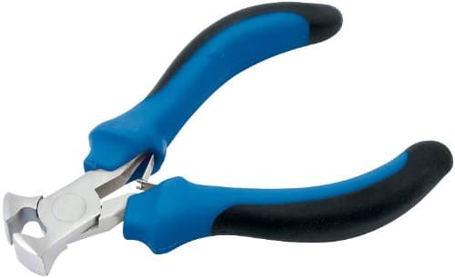 Draper 12535 mini pliers with a shiny metal cutting head and blue rubberized soft grip handles for comfort and control.