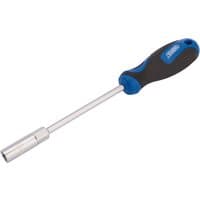 Blue and black Draper soft-grip nut spinner with a 9mm chrome shaft and ergonomic handle.