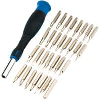 Black and blue soft grip precision screwdriver with 30 interchangeable metal bits arranged in rows.
