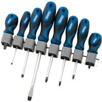 Draper Soft Grip Screwdriver Set, 8 pieces with blue and black ergonomic handles, mounted on a metal rack.