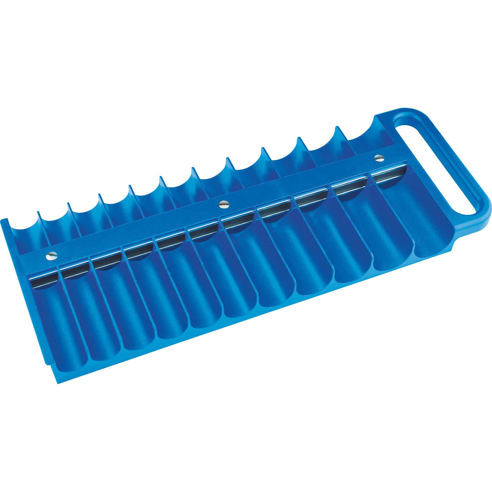 Bright blue magnetic socket tray with a handle, designed to hold 22 sockets securely in place, featuring individual slots for easy organization and access.