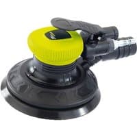Green and black Draper Storm Force 150MM dual action air sander with ergonomic grip and air hose connector.
