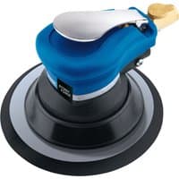 Blue and black Draper Storm Force air palm sander with silver lever and 150mm sanding pad.