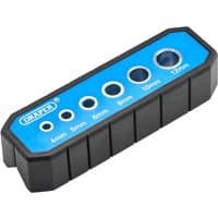 Black and blue Draper straight drilling guide with holes for 4mm to 12mm drill bits, labeled with sizes.