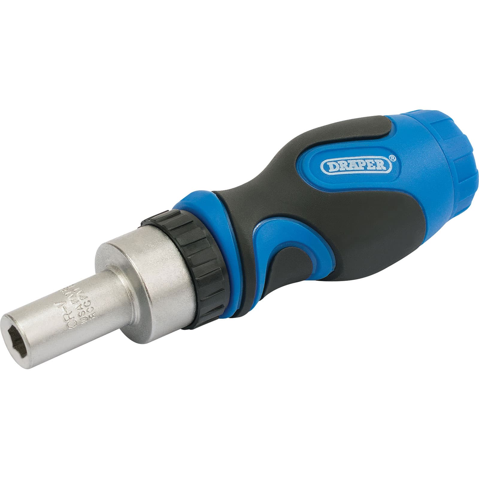 Draper 01050 Stubby Ratchet Screwdriver features a black and blue ergonomic handle, a chrome vanadium steel socket, and includes six interchangeable bits for versatile use.