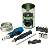 Blue and black Draper stubby ratchet screwdriver set with bits, metal tin, and extension bar, Craft Brew edition.