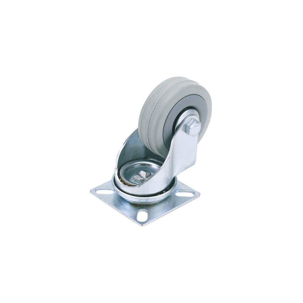 Swivel plate fixing rubber castor with a 50mm diameter wheel, grey rubber material, and a shiny metal base featuring four mounting holes. Maximum load capacity of 50kg.