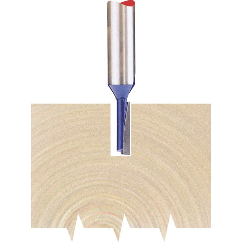 Draper 75330 TCT router bit with a silver steel shaft, blue cutting edge, and a 1/4" diameter, designed for straight cuts in wood, shown cutting through a light-colored wood surface.